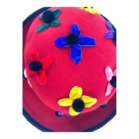 Whittaker & Shon 100% Doeskin Wool Red Felt‎ Hat Velvet Flowers Made In USA - Picture 11 of 15